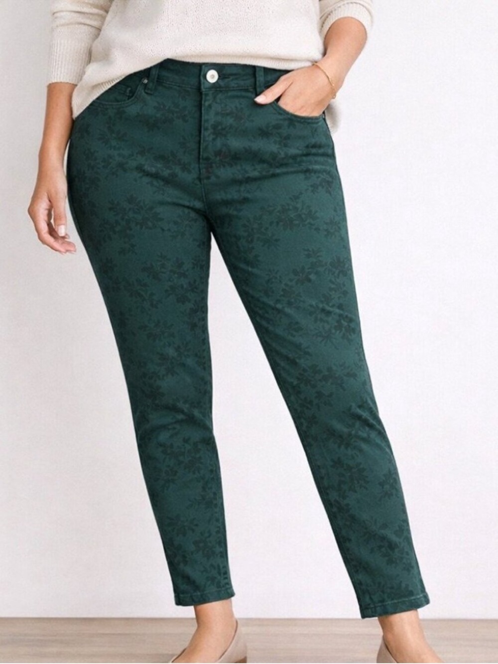 J. Jill Olive Green Floral Slim Ankle Straight-Leg Jeans Authentic Fit Size 6
